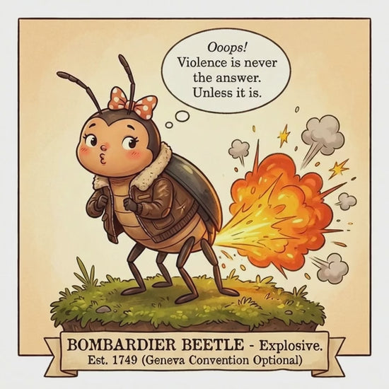 Cartoon bombardier beetle with an explosion and a humorous quote on a beige background