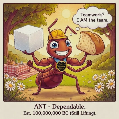 Cartoon ant in a construction helmet holding a block of cheese and a piece of bread, with a picnic setting in the background.
