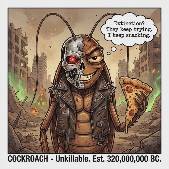 Cartoon cockroach in a post-apocalyptic setting holding a slice of pizza with a speech bubble.