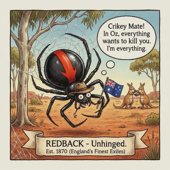 Cartoon redback spider with kangaroos and Australian flag in a humorous setting