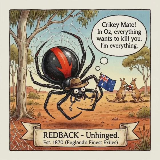 Cartoon redback spider with kangaroos and Australian flag in a humorous setting