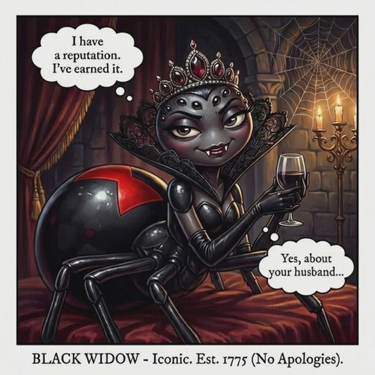 Black Widow spider sticker with gothic style art and text "I Have a Reputation. I've Earned It." - Bug Zoo Inc