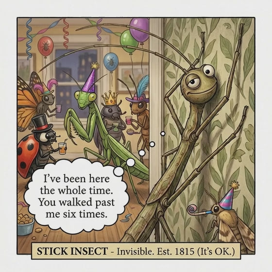 Cartoon illustration of insects celebrating a birthday party with a stick insect character speaking.