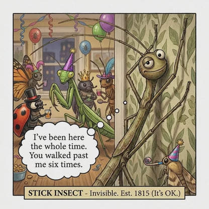 Cartoon illustration of insects celebrating a birthday party with a stick insect character speaking.