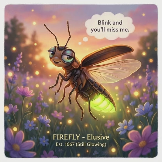 Firefly in a field of flowers with a glowing body and a humorous quote.