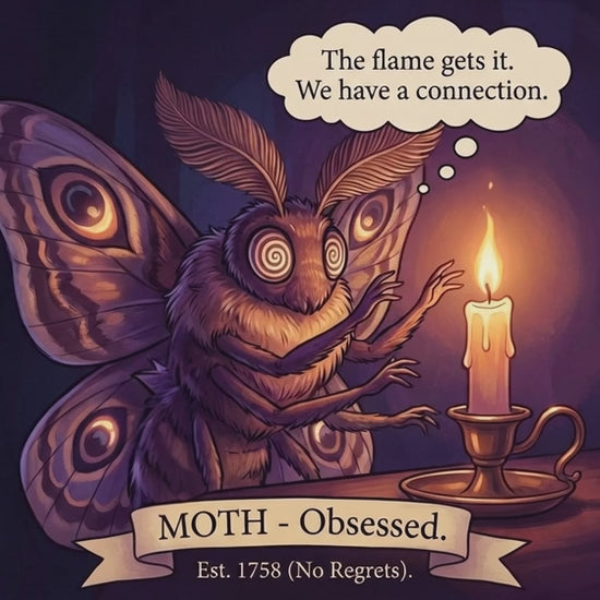 Moth sticker with vintage romantic art and text "The Flame Gets It. We Have a Connection." - Bug Zoo Inc