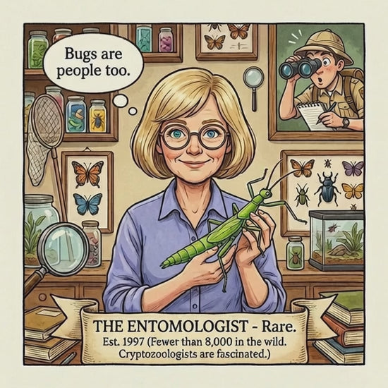 Illustration of a woman holding a praying mantis with an entomology-themed room in the background.