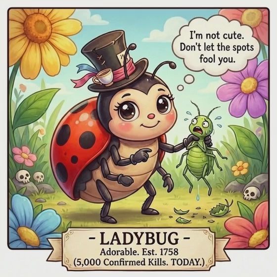 Cartoon ladybug character with a top hat in a garden setting, surrounded by flowers and an aphid.