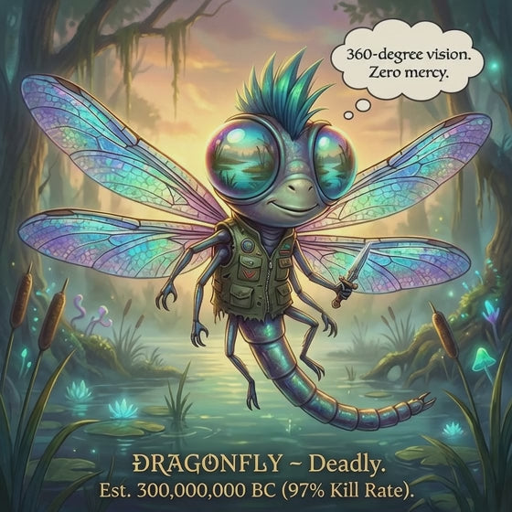 Cartoon dragonfly with a serious expression in a forest setting