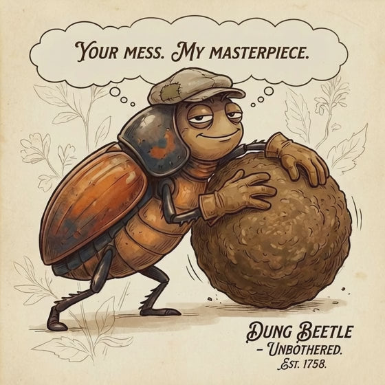 Cartoon dung beetle with a speech bubble and text on a beige background