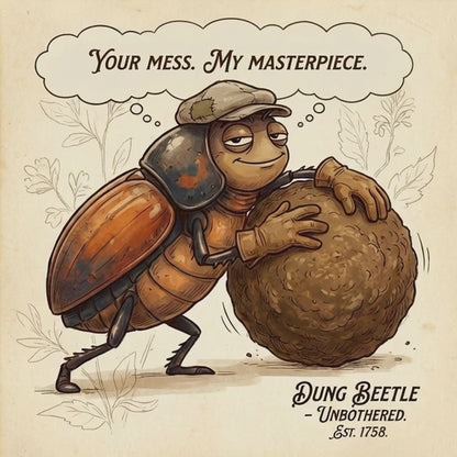 Cartoon dung beetle with a speech bubble and text on a beige background